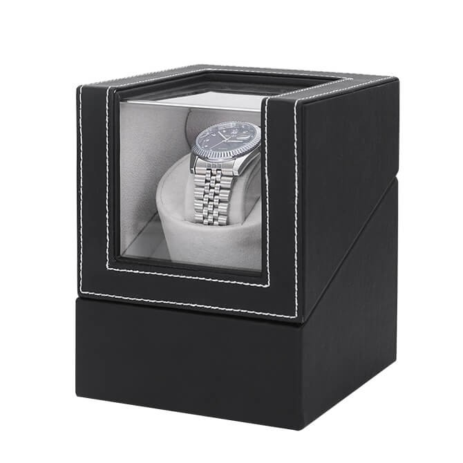 Maselex Single Black Leather Shell Watch Winder mit grauem Flannelet Interieur