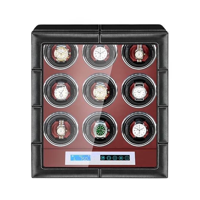 LCD-Bildschirm Schwarz Rot Leder Uhrenbeweger 9 Uhren mit leisen Motoren